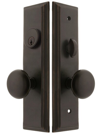 Manhattan F20 Function Mortise Lock Entryset in Oil Rubbed Bronze with Left Hand Providence Knobs, and Stop/Release Buttons.